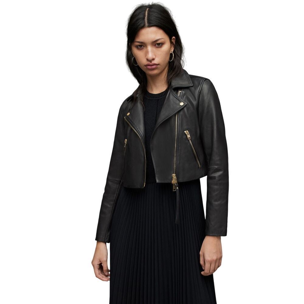 NWT AllSaints Dalby Cropped Leather Asymmetrical Moto Biker Jacket Black Size 4